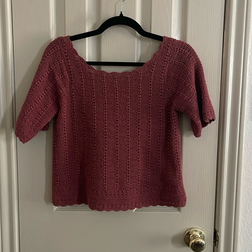 Sézane 100% Cotton Crochet Knit Top Dusty Rose Short Sleeve